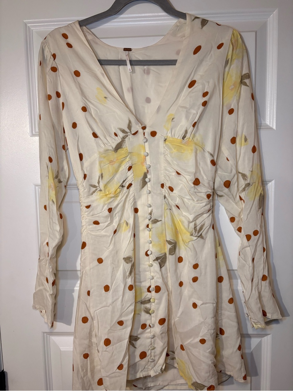 Free People Cream Mini Dress with Rust Polka Dots & Yellow Floral Accents